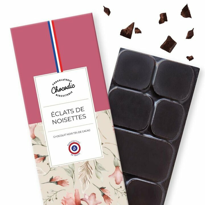 TABLETTE DE CHOCOLAT NOIR 73 % - ECLATS DE NOISETTES - 80g