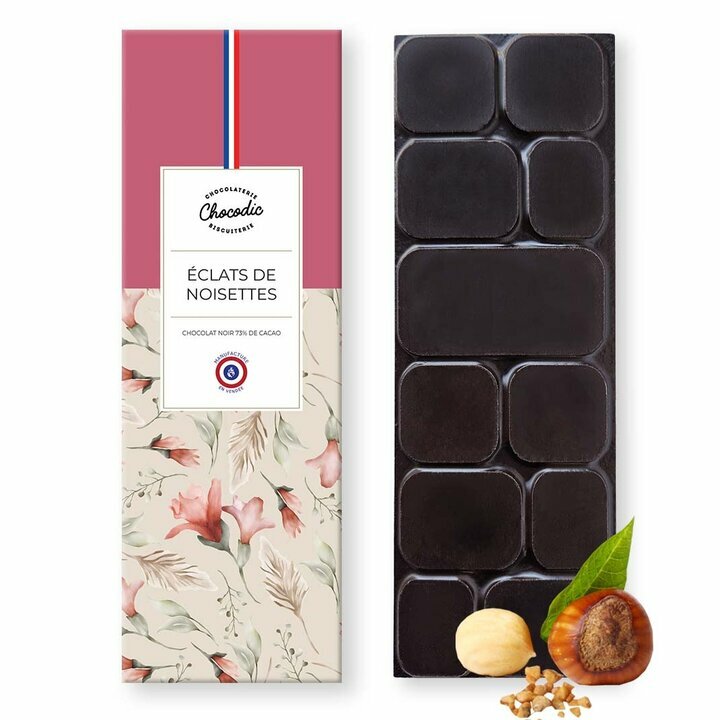 TABLETTE DE CHOCOLAT NOIR 73 % - ECLATS DE NOISETTES - 80g