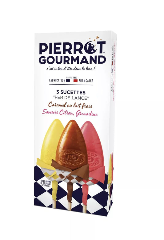 ETUI 3 SUCETTES "FER DE LANCE" CARAMEL - CITRON - GRENADINE - 39g