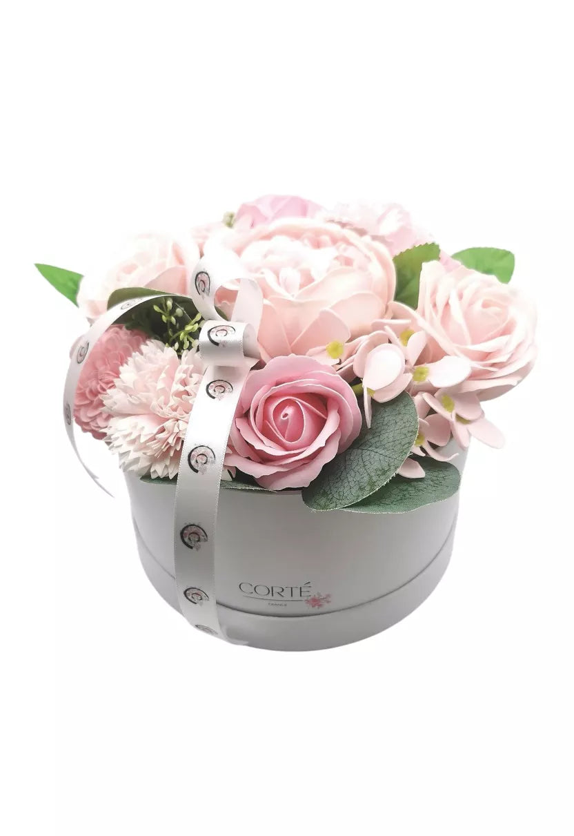 COMPOSITION EN FLEUR DE SAVON BOITE RONDE TONS PASTEL