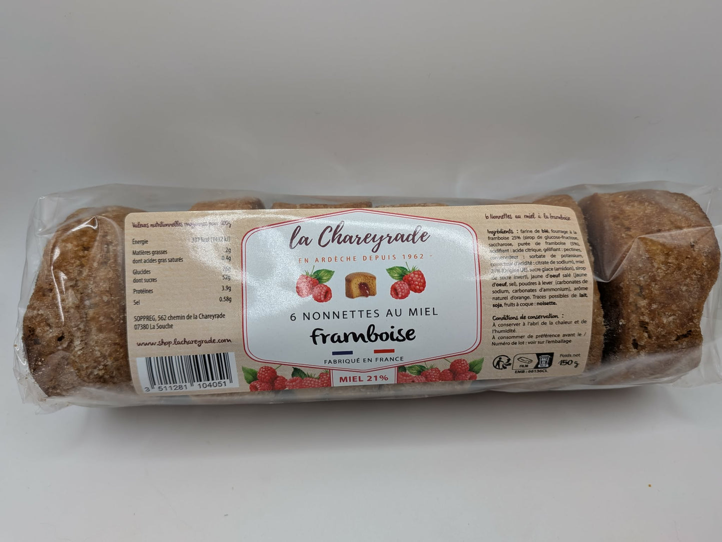 NONNETTES AU MIEL FOURRAGE FRAMBOISE QTÉ 6 150g