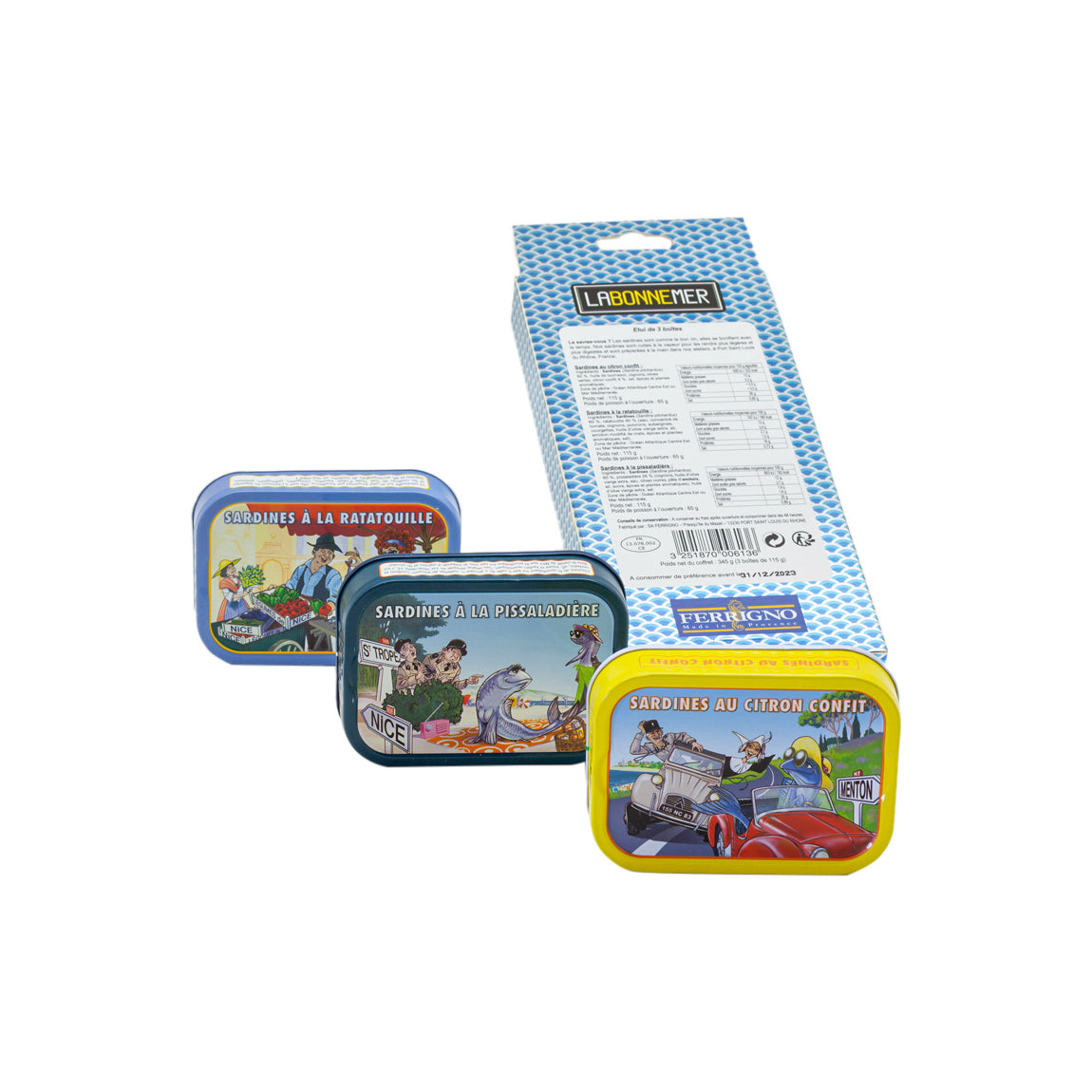 COFFRET 3 BOITES DE SARDINES - CITRON - RATATOUILLE - PISSALADIERE - 345g