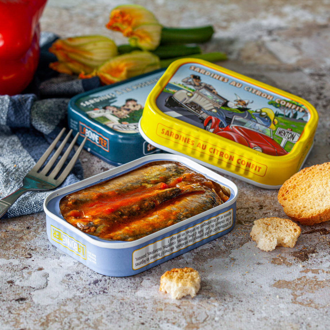 COFFRET 3 BOITES DE SARDINES - CITRON - RATATOUILLE - PISSALADIERE - 345g