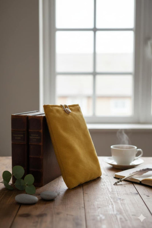 POCHETTE A LIVRE DE POCHE  - MOUTARDE - INTERIEUR MOTIF AUTOMNE